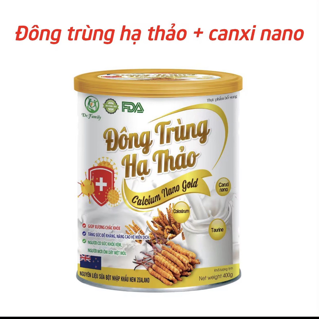 (Hộp 400g)Sữa bột Đông trùng hạ thảo Canxi Nano Gold giúp tăng sức khỏe, sức đề kháng, ngăn ngừa loãng xương