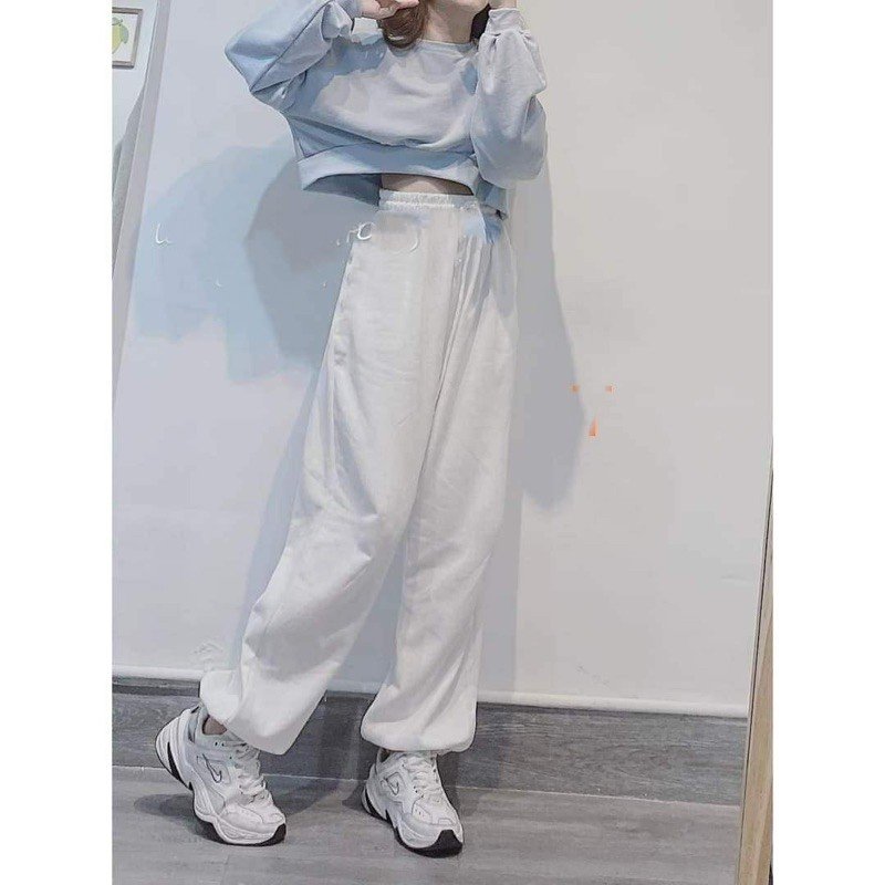 Set áo croptop tay dài kèm quần dài trắng bo gấu