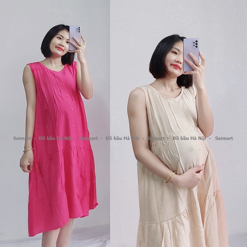 Váy bầu mùa hè, đầm bầu dáng babydoll trẻ trung, chất đũi hàn mềm mát