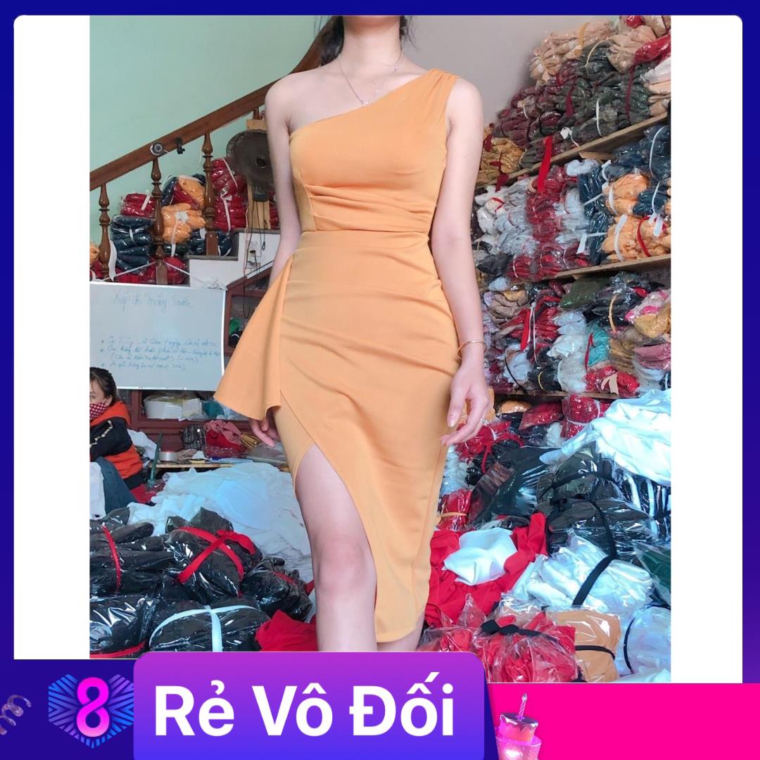 Đầm body cộc tay lệch vai có mút ngực chất umi freesize
