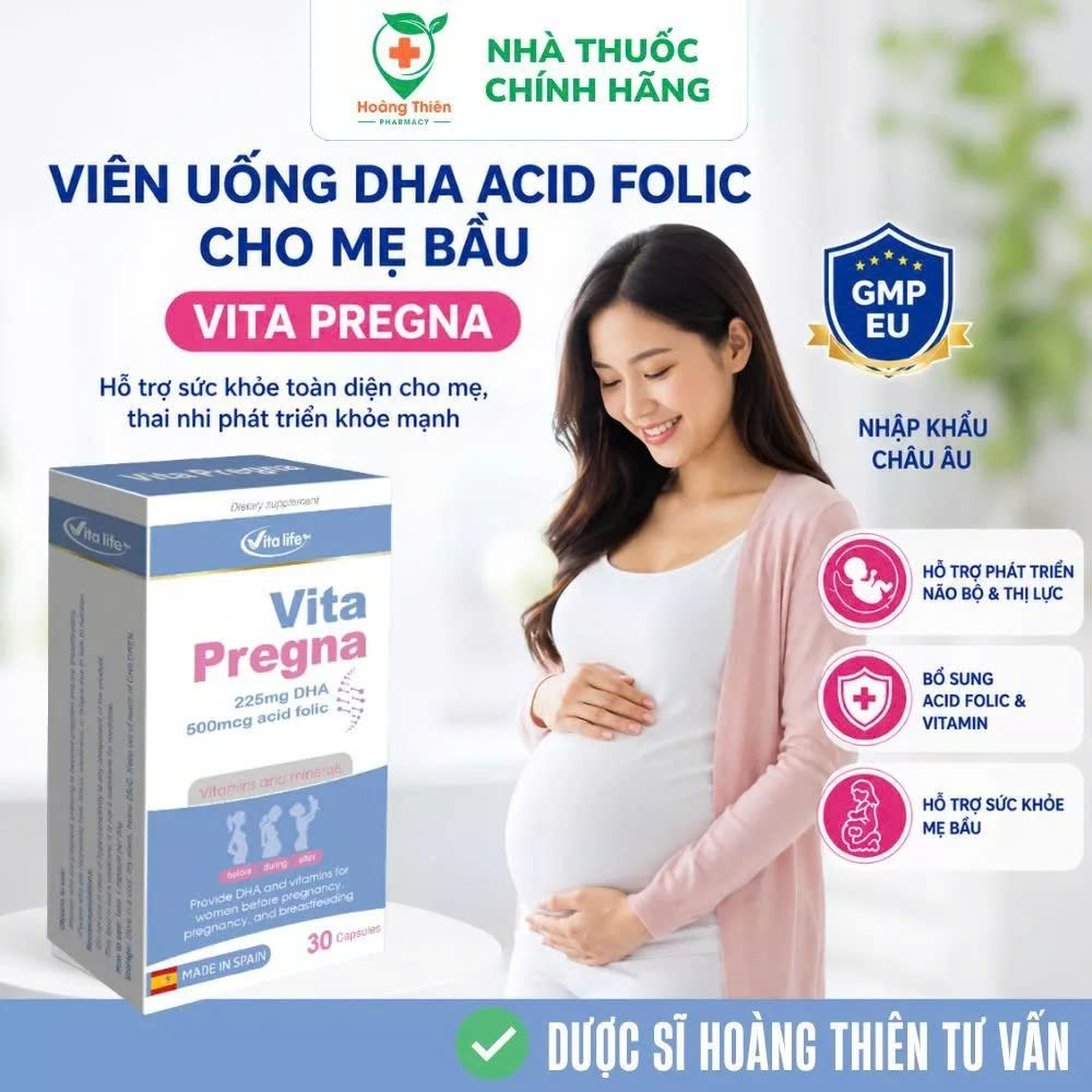 [NHẬP KHẨU CHÂU ÂU] VIÊN BỔ SUNG DHA & ACID FOLIC CHO MẸ BẦU VITA PREGNA VITALIFE 30 viên