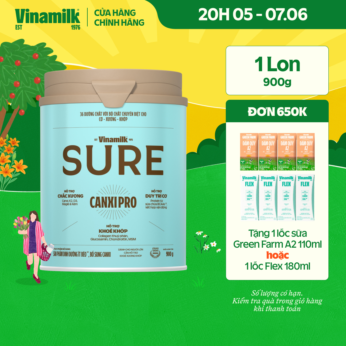 Sữa bột Vinamilk SURE CanxiPro 900g (Hộp thiếc) - Sữa bổ sung Canxi, Tốt cho xương khớp