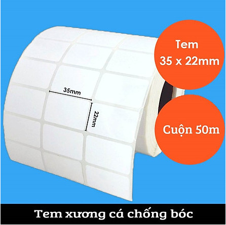 Hộp 5 cuộn giấy in nhiệt khổ 35x22 mm, 3 tem/hàng, cuộn dài 50m