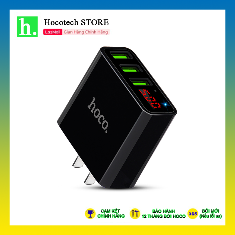 Củ sạc 3.0a có 3 cổng sạc và đồng hồ báo dòng hoco c15