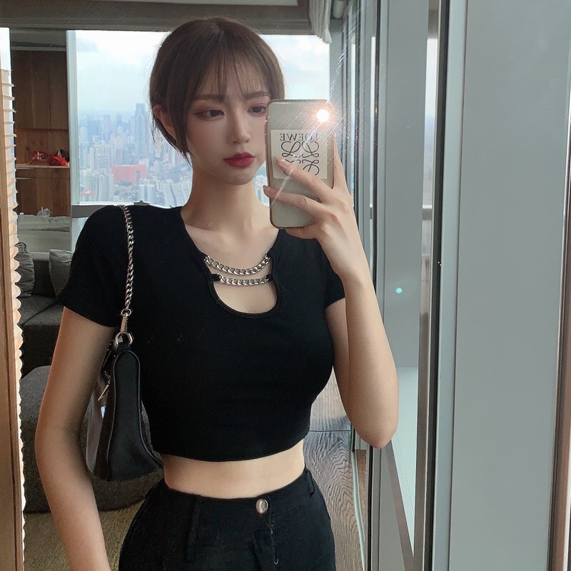 Áo croptop phối xích áo thun tay ngắn phối xích cổ