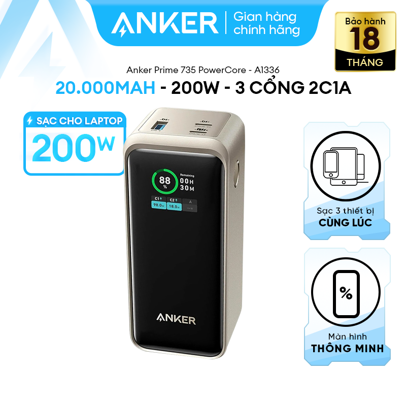 Pin Sạc Dự Phòng ANKER Prime PowerCore 20000mAh 200W - 3 cổng 2USB-C & 1USB-A - A1336