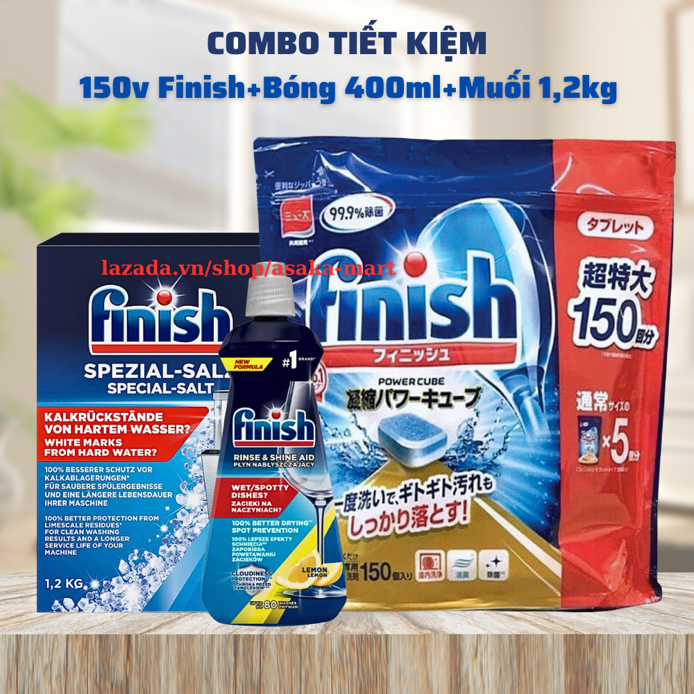 Viên rửa bát finish 150 viên+Muối finish 1,2kg+Bóng finish 400ml chuyên dùng cho máy rửa bát chén.