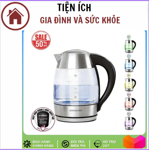 ( Sale 2024 ) Ấm Đun Siêu Tốc Lock&Loch thủy tinh EJK341 1.8L - Bình Đun Siêu Tốc Hàng chính hãng có điều chỉnh nhiệt độ sôi, đèn đổi màu, Bảo Hành 2 Năm