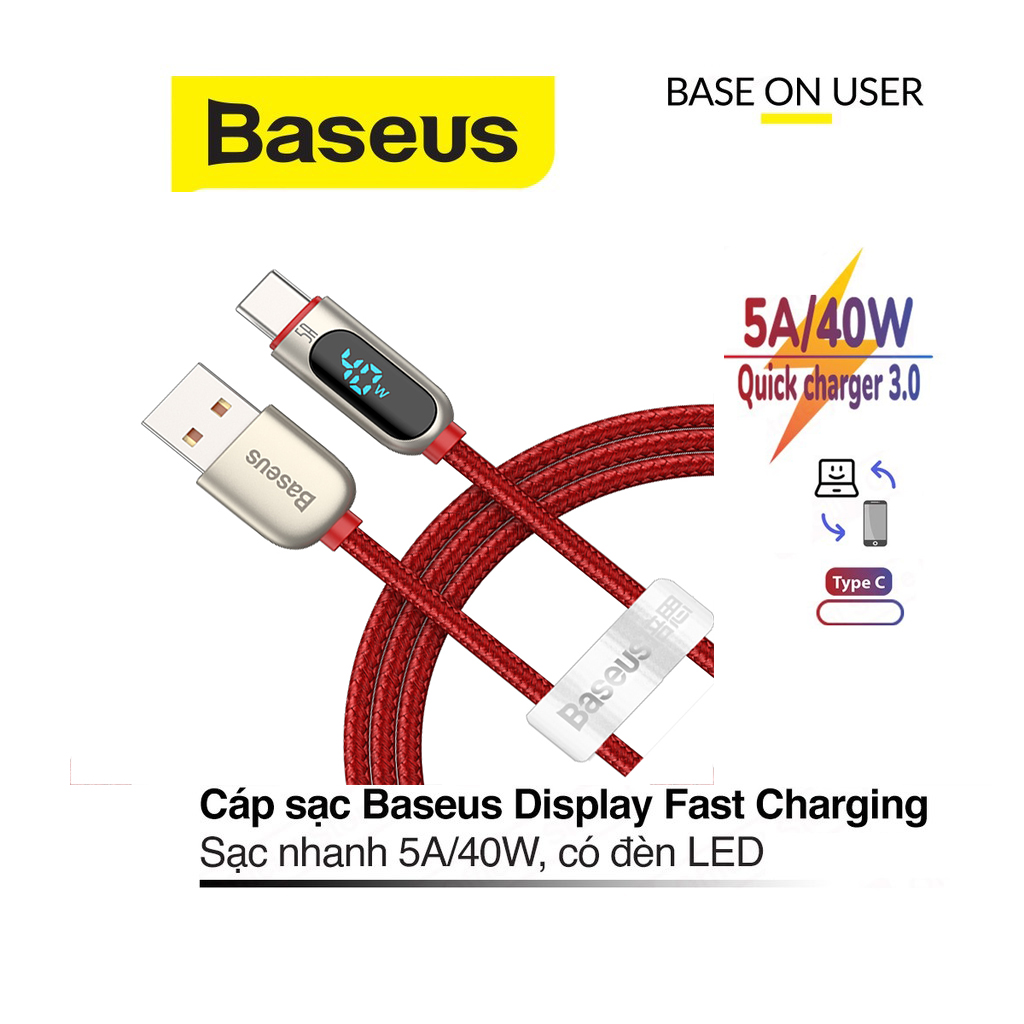 Cáp sạc nhanh 5a/40w baseus display fast charging type-c dây dù chống rối có đèn led cho android dài 100cm
