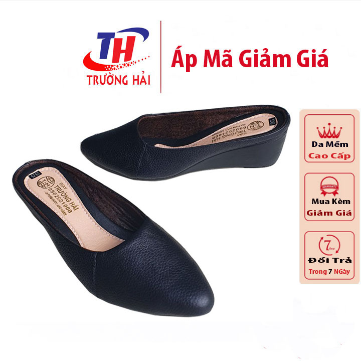 Giày sục nữ đế xuồng 5cm mũi nhọn màu đen da bò thật Trường Hải CÓ SIZE LỚN