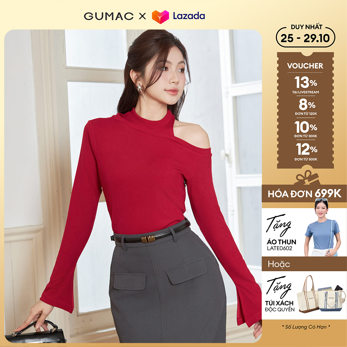Áo thun nữ cổ cao phối thời trang GUMAC ATE12008