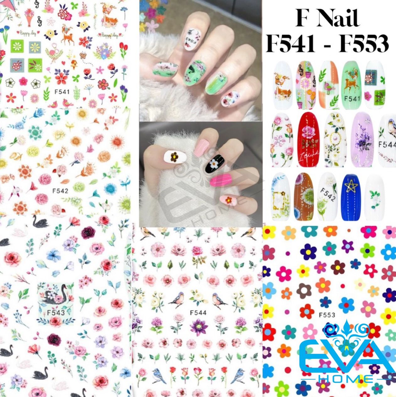 Sticker dán móng tay 3d dạng decal dán móng chống nước f nails series hoạ tiết bông hoa nhiều mẫu f541-f553