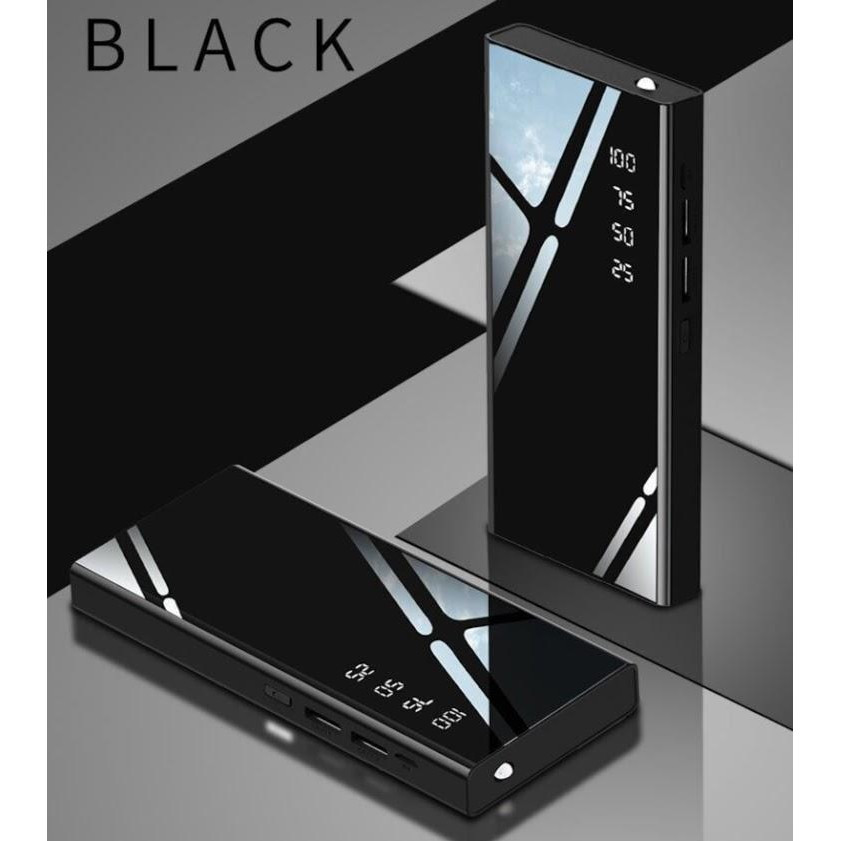 Pin sạc dự phòng Đen bóng Cao câp dung lượng chuẩn 20000mAh Sạc nhanh 2.1A Nhỏ gọn dễ dàng mang theo 2 cổng TypeC và Mirco 2 cổng USB kèm 2 đèn pin