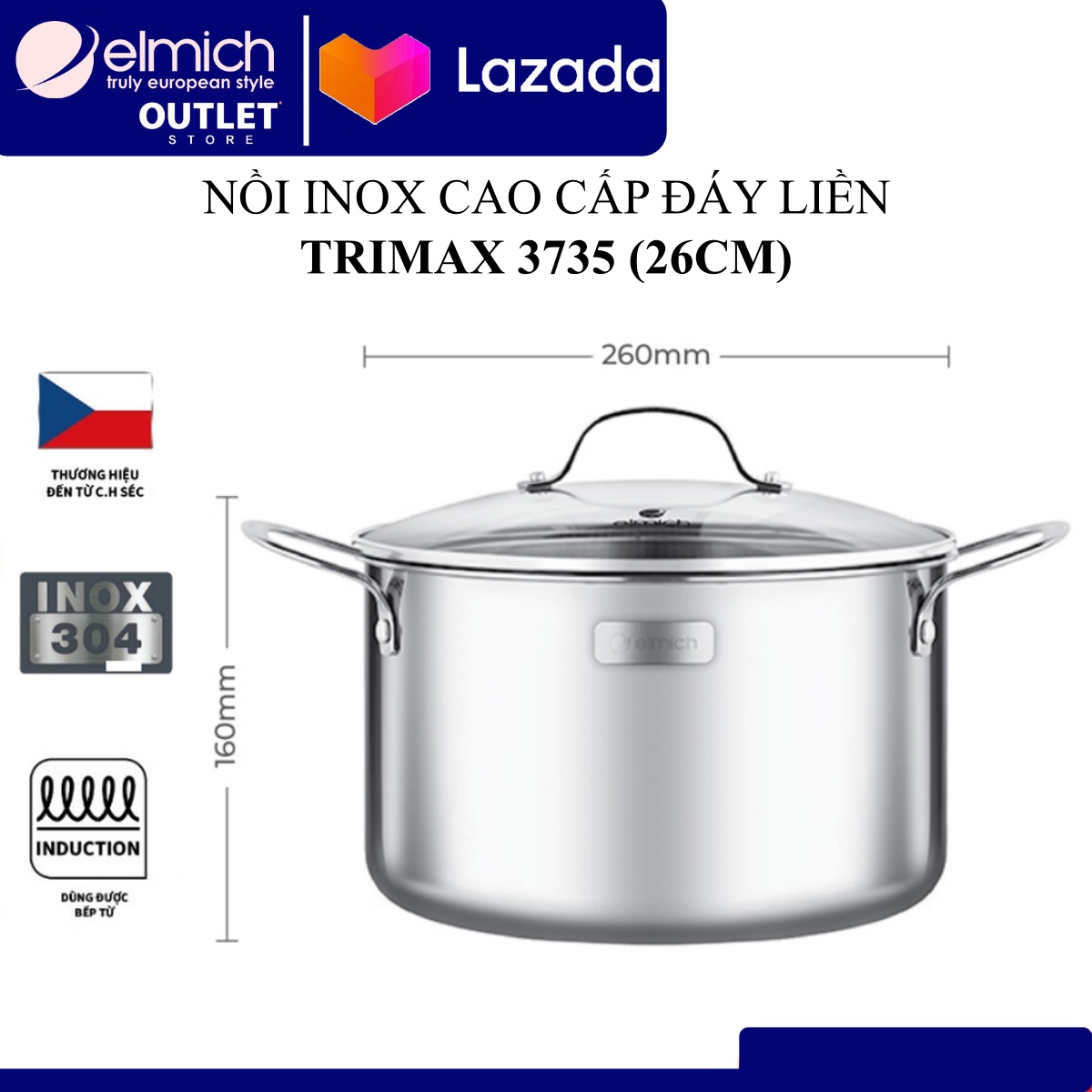 NỒI INOX CAO CẤP 3 LỚP ĐÁY LIỀN TRI-MAX 26CM
