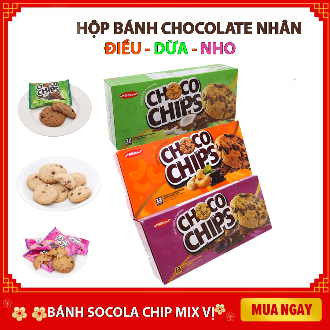 [HCM]GIÁ GỐC 12 bịch Bánh qui socola Chip Nho ĐiềuDừa hoặc Nho- Chocolate Chip Cookies With Raisn mang hương vị socola kết hợp với hạt điều thơm ngon thích hợp dùng tất cả cho mọi người 144g (12 gói x 12g) Giao ngẫu nhiên Vị