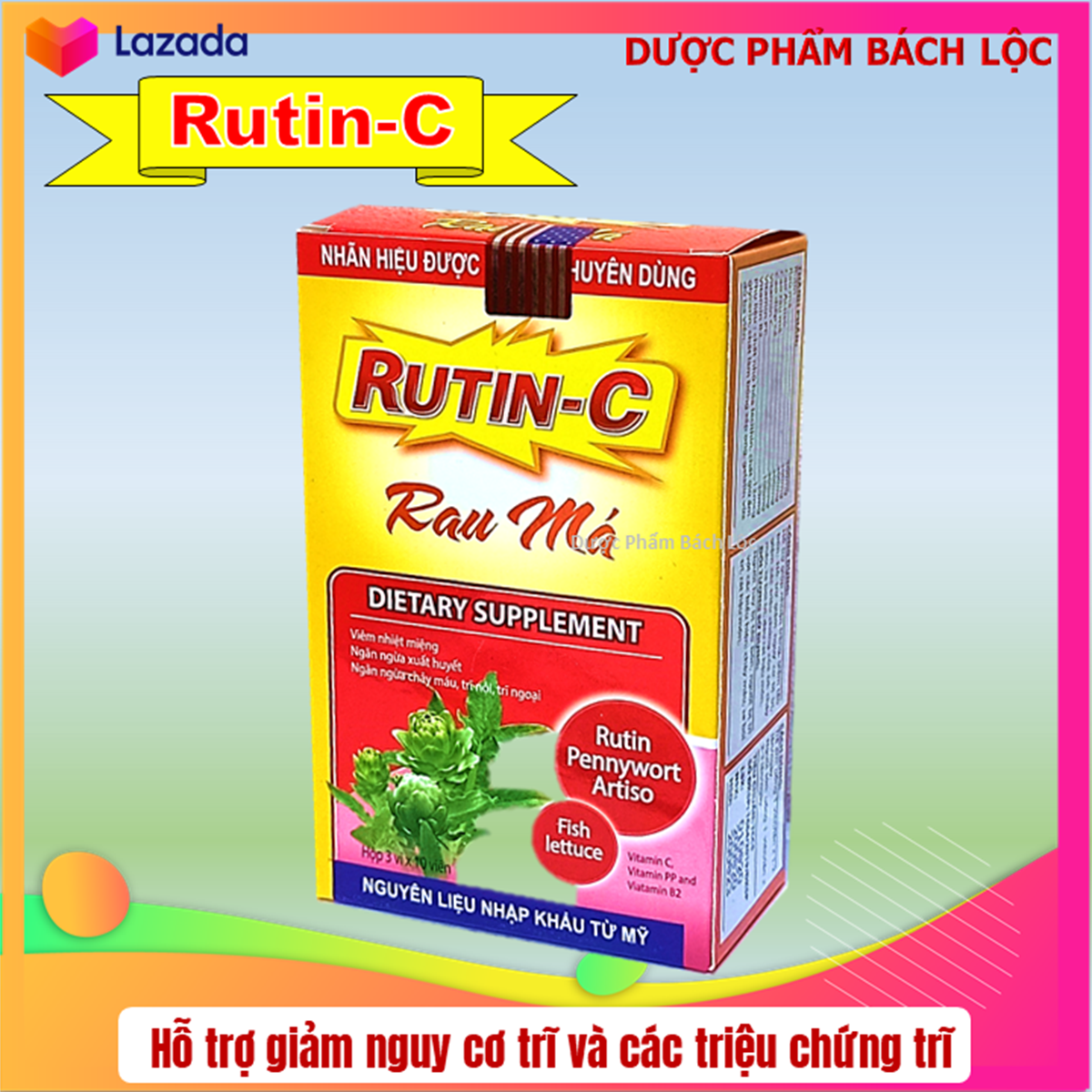 Viên uống Rutin C Rau Má giảm viêm nhiệt miệng, giảm táo bón, tiêu trĩ, nhuận tràng, thanh nhiệt cơ thể - Hộp 30 viên