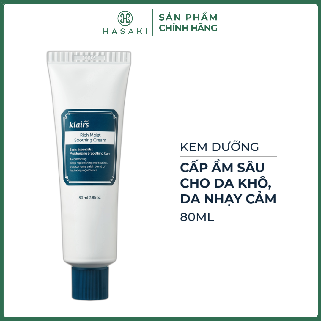 Kem Dưỡng Ẩm Klairs Cho Da Khô, Nhạy Cảm 80ml Rich Moist Soothing Cream Hasaki Sản Phẩm Chính Hãng