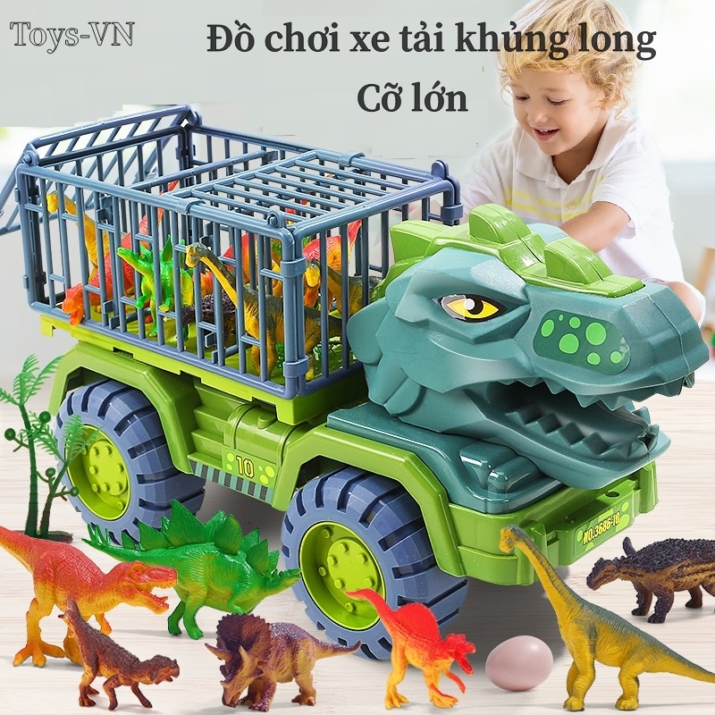 Xe đồ chơi xe khủng long chở thú chuyên dụng cỡ lớn trẻ em, có 3 sẵn khủng long nhỏ đi kèm cho bé