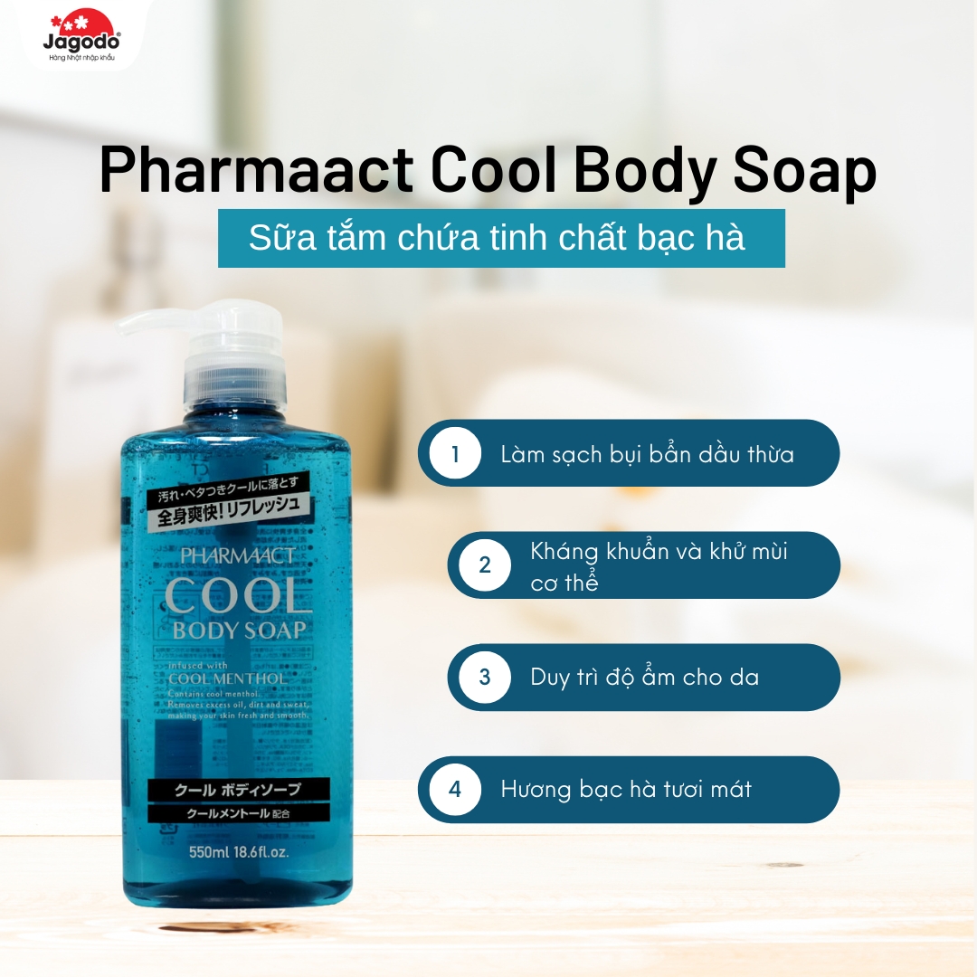 Sữa Tắm Cool Body Soap PHARMAACT cho nam 550ml - Mẫu mới sx tháng 5 năm 2023, hsd 3 năm, hương bạc hà mát lạnh, Sữa tắm Cool Nhật Bản 550ml