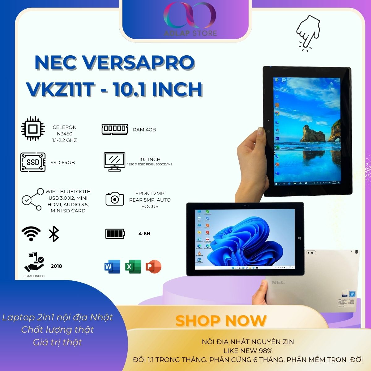 Máy tính bảng kiêm laptop 2in1 Ram4GB SSD128GB pin trâu 6h màn cảm ứng VKZ11T VKF11U4