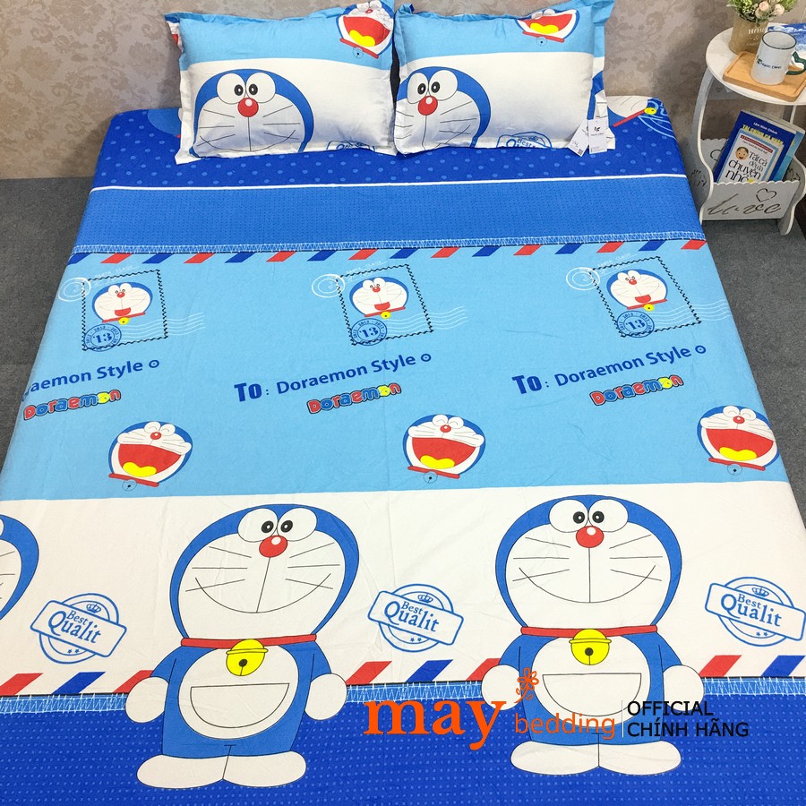 Bộ Ga Chun và 2 áo gối nằm mẫu Poly Cotton mẫu Doremon Thư drap cotton, drap, ra giường, ga trải giường. drap giường