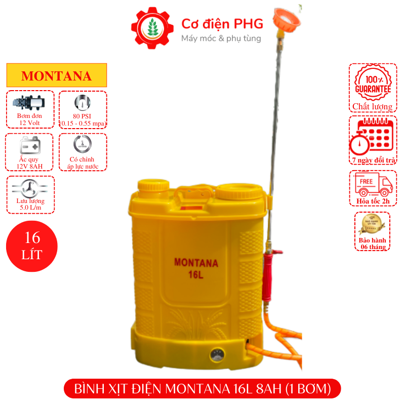 Bình xịt điện, bình phun xịt trừ sâu MONTANA 16 lít  12V 8AH | Dung tích 16 Lít | 1 bơm | Bình khử khuẩn | Bình xịt điện