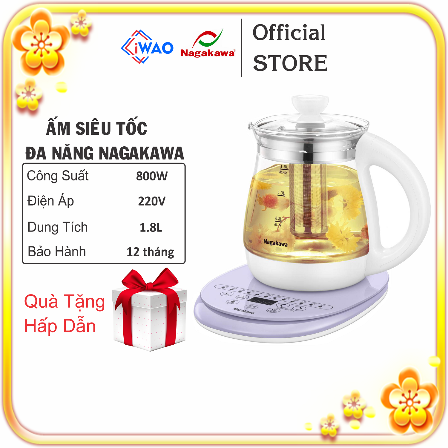 Ấm Siêu Tốc Thủy Tinh Đa Năng Có Lõi Lọc Nagakawa NAG0316 - Hàng chính hãng Bảo Hành 12 Tháng