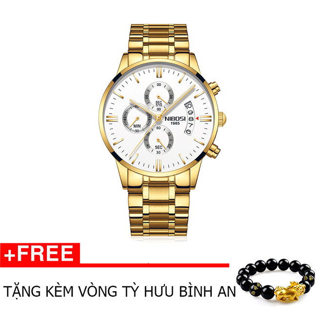 Đồng hồ nam thời trang chống nước NIBOSI có lịch ngày Tặng vòng tay Tỳ Hưu ( Vàng) 01