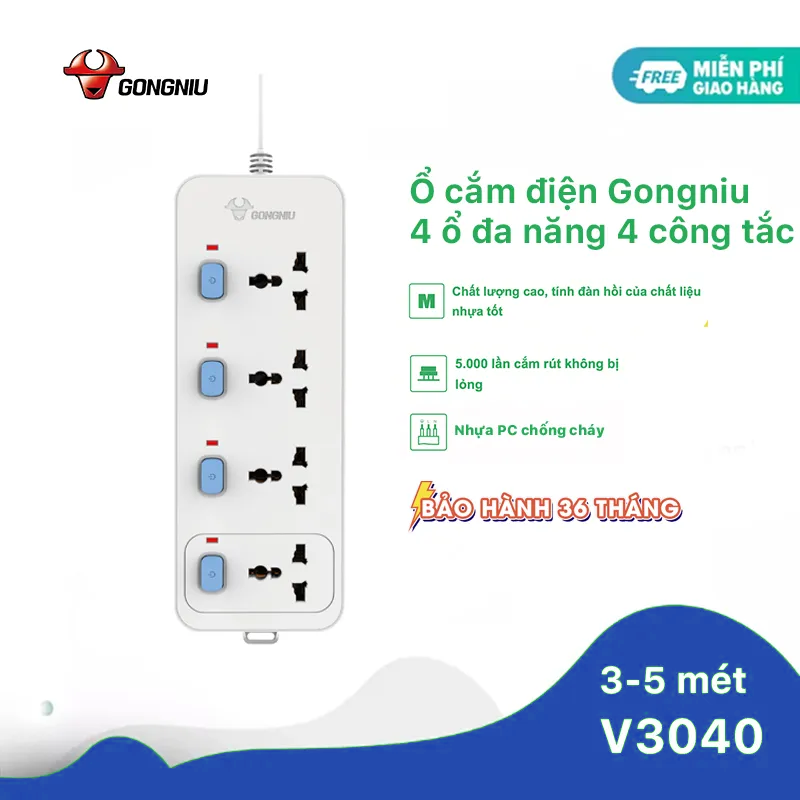 Ổ cắm điện gongniu đa năng 4 ổ 4 công tắc – công suất 10a/250/2500w – trắng – chính hãng