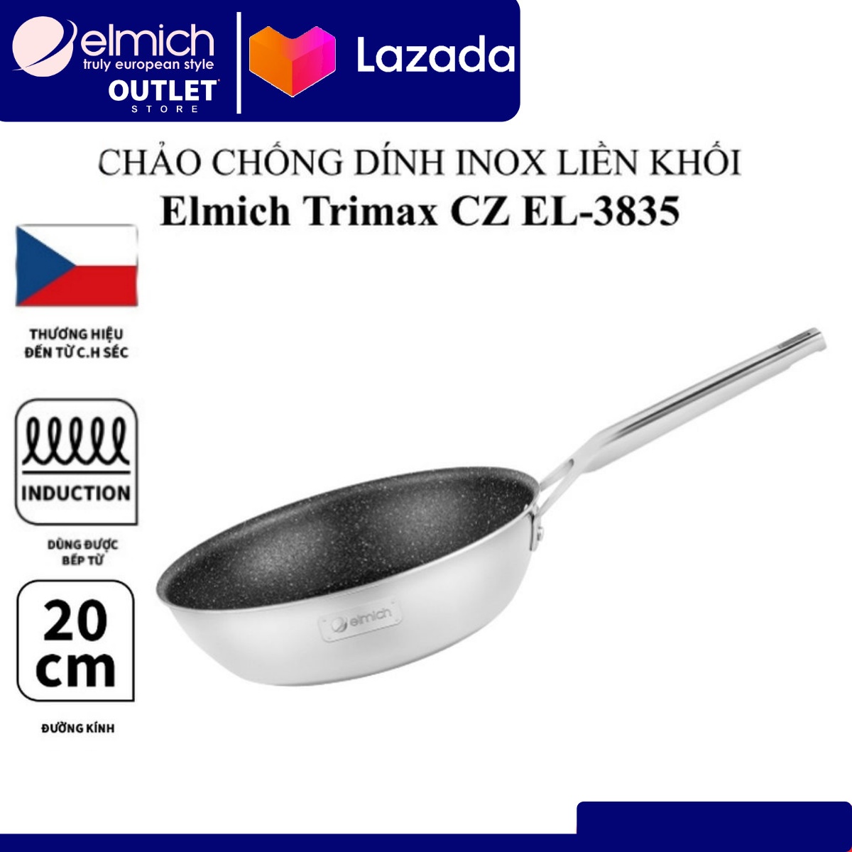 Chảo Chống Dính Vân Đá Inox liền khối Elmich Trimax Cz ( Size 20, 24, 26, 28cm)