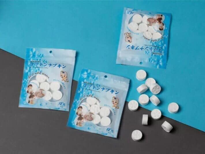 Khăn giấy nén Khăn nén, khăn nén Nikkori của Nhật, kích thước 22 x 24 túi 50 VIÊN