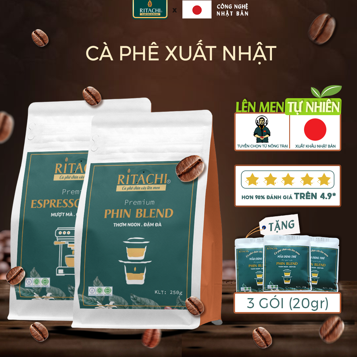 Combo Cà phê Blend Arabica Robusta Ritachi, Cafe Nguyên Chất Trái Chín Lên Men Tự Nhiên, Vị Chua Thanh Nhẹ, Espresso Blend và Phin Blend 2 gói 250gr/gói