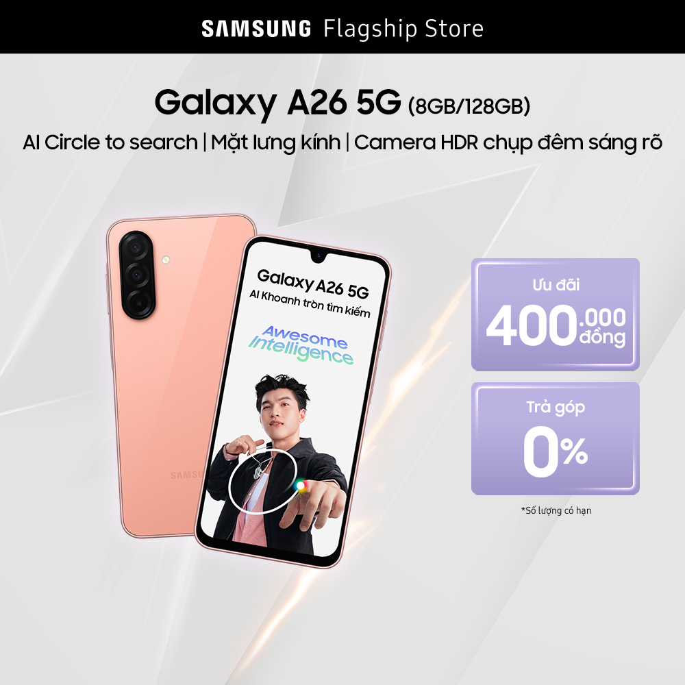 [SALE CUỐI THÁNG 22-29.6] Điện thoại Samsung Galaxy A26 5G (8/128GB), Mặt lưng kính, AI-Circle to Search, Camera HDR chụp đêm sáng rõ