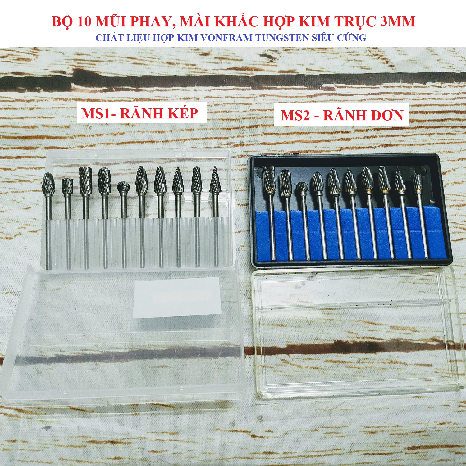 SV Bộ 10 mũi phay, mũi mài khắc hợp kim trục 3mm