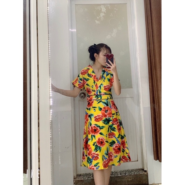 Đầm cổ vest hoa đẹp vải linen hãng AZ vnxk