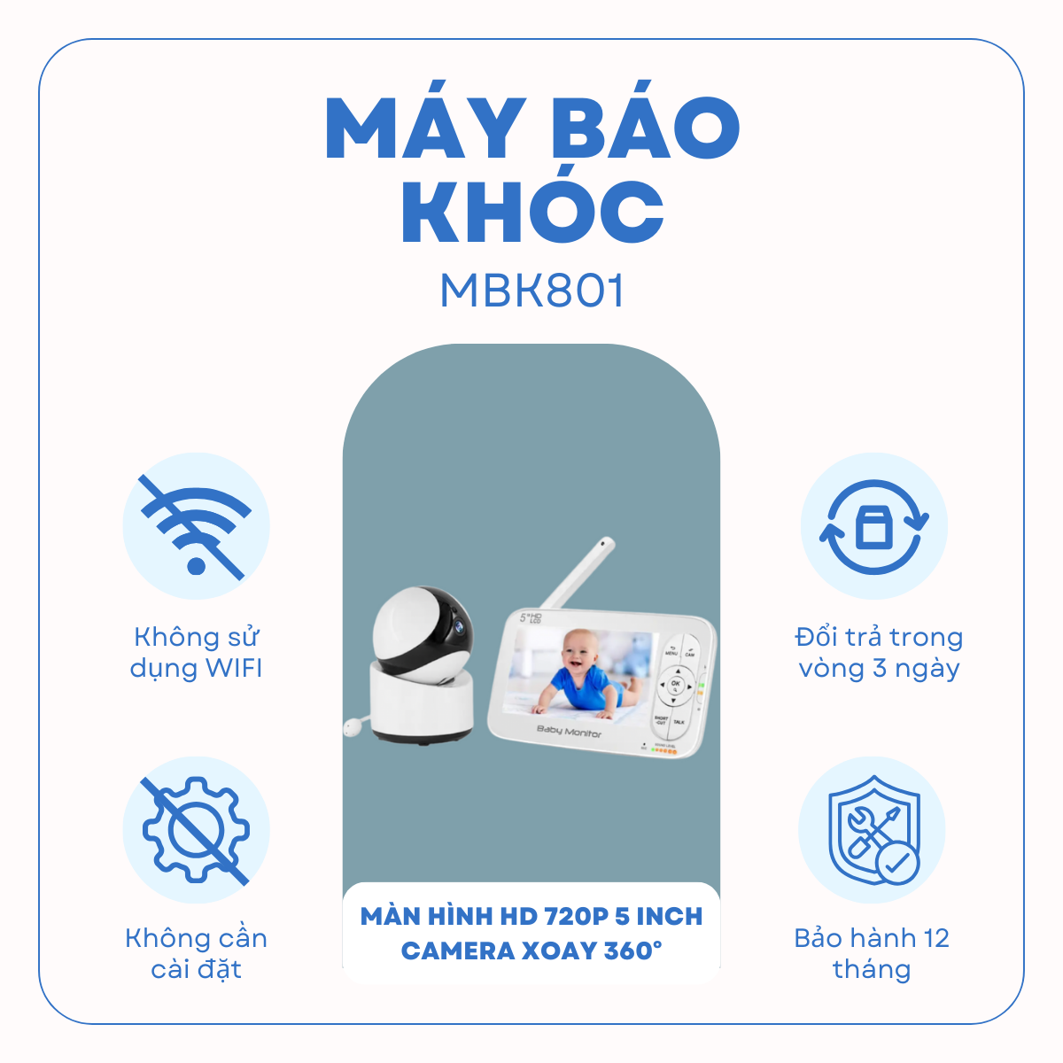 Máy báo khóc Corky Baby MBK801 – 5.0inh. Siêu Phẩm tầm nhìn bao quát với camera xoay 360