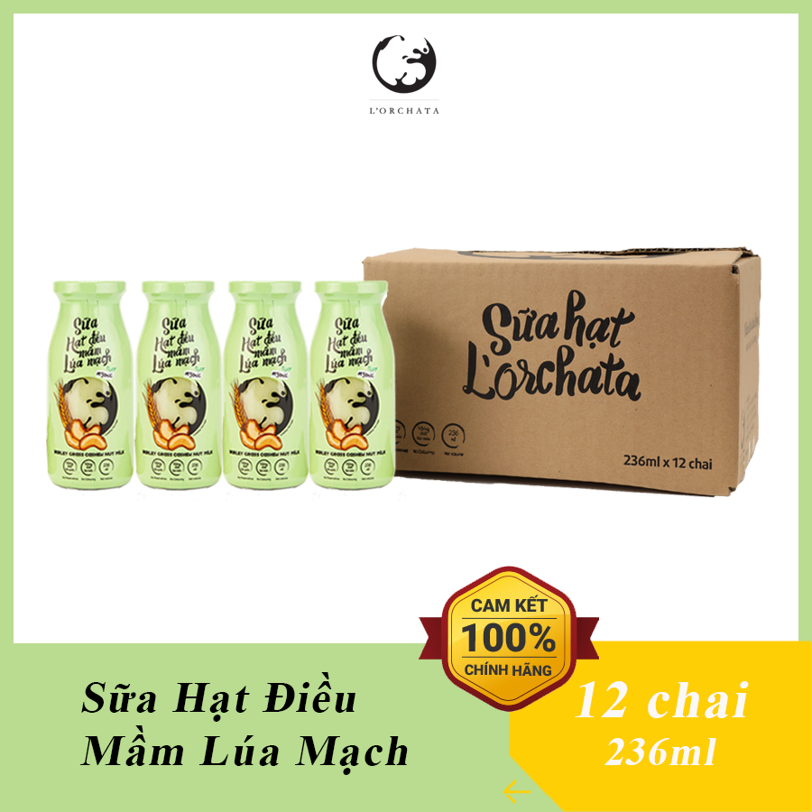 Hộp 12 chai sữa hạt l'orchata vị hạt điều mầm lúa mạch, ít đường, không chất bảo quản, tốt cho tim mạch, tăng đề kháng
