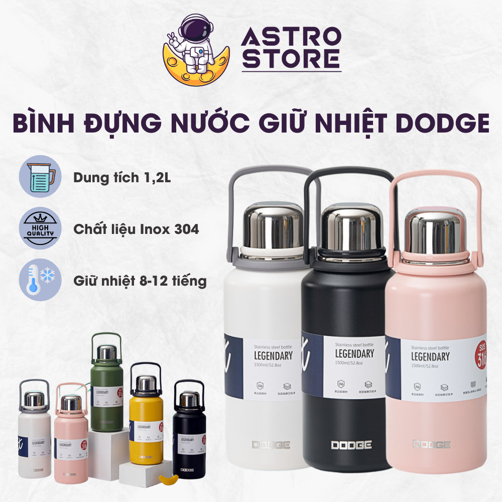 Bình giữ nhiệt, bình đựng nước giữ nhiệt dodge dung tích 900/1200ml, chất liệu cao cấp inox 304, giữ nhiệt từ 14-16 giờ, 5 màu sắc bình lựa chọn