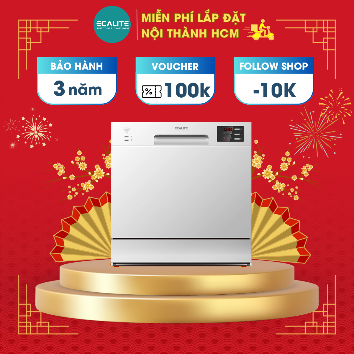 Máy rửa chén 8 bộ ecalite edw-sms6080wh - công nghệ rửa nước nóng - khoá trẻ em - 6 chương trình rửa tiện lợi - hàng chính hãng