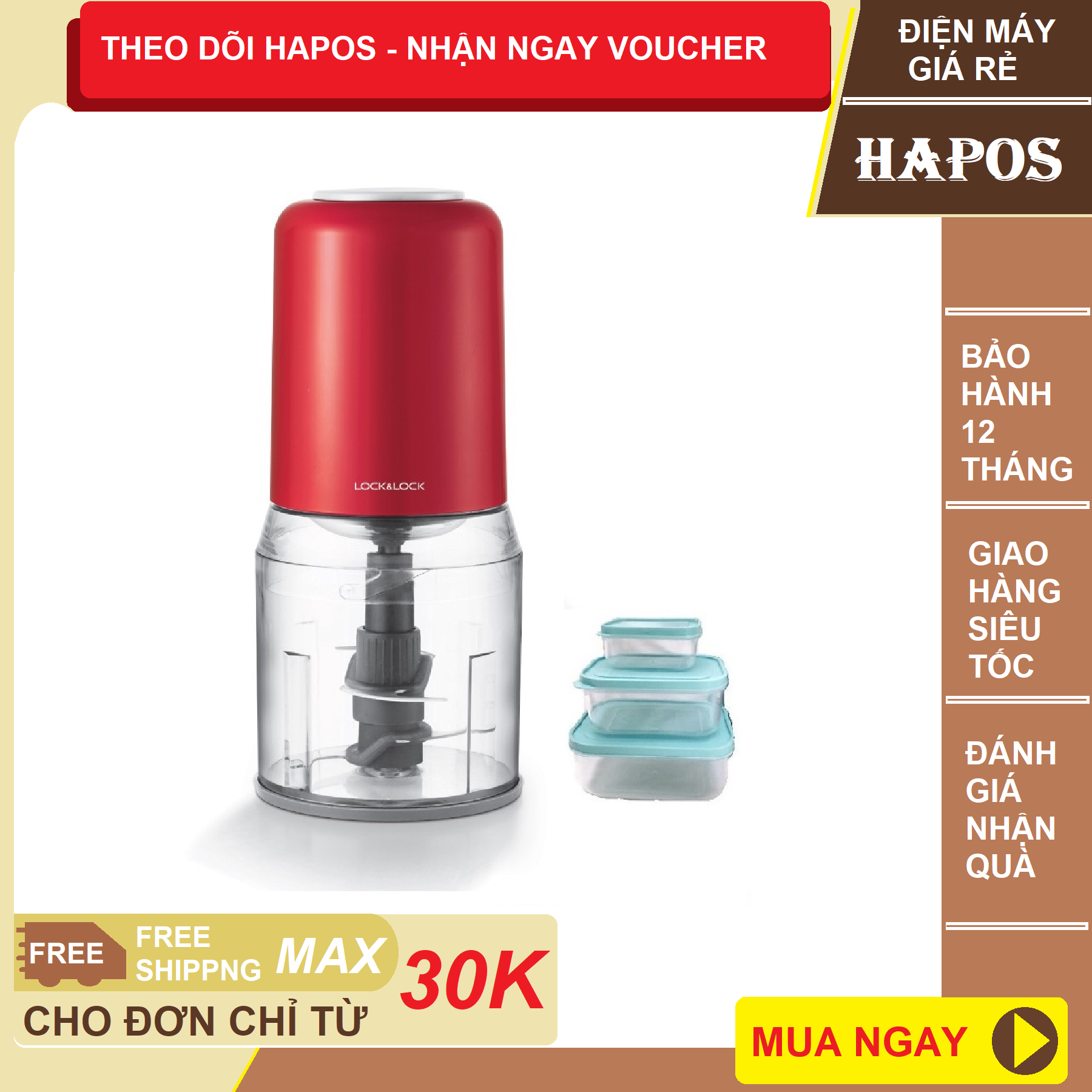 Máy xay thực phẩm lock&lock ejm121 400w tặng kèm bộ 3 hộp đựng thực phẩm