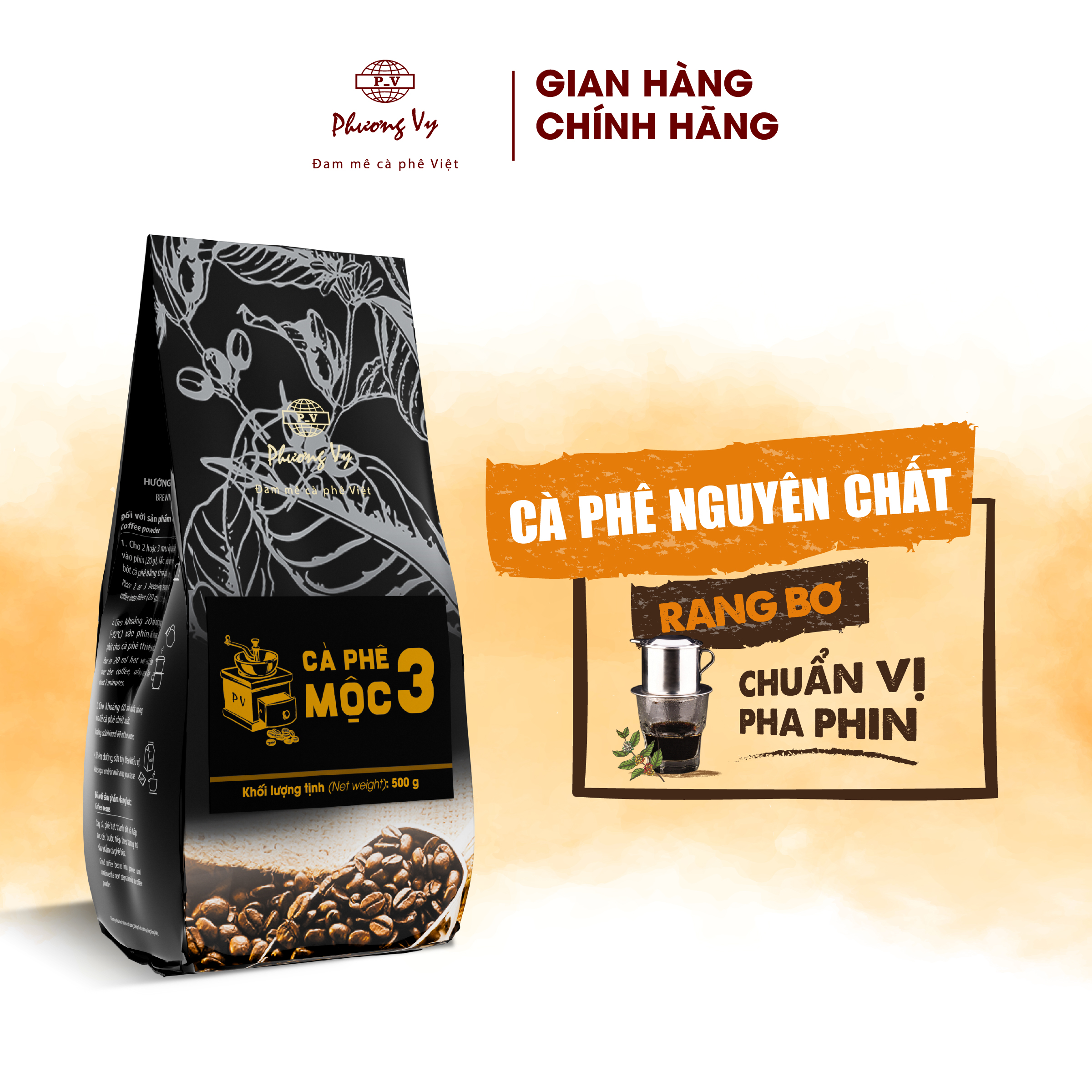 Cà Phê Nguyên Chất Mộc 3 500g hương vị đậm đà, dành cho pha phin, Phương Vy Coffee
