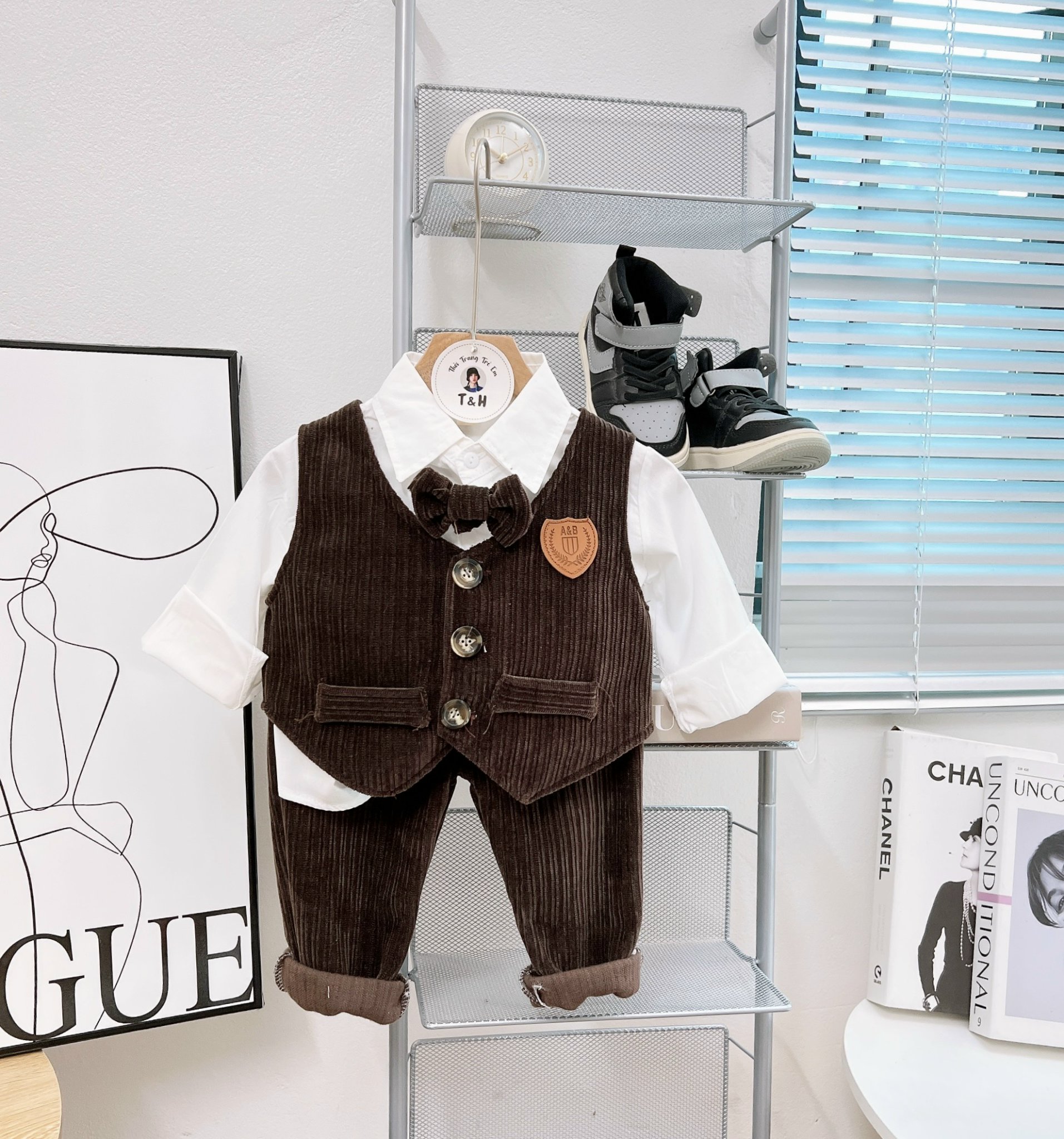 (10-20kg) Set vest nhung 3 chi tiết phong cách Hàn Quốc cho bé trai (KÈM NƠ RỜI)