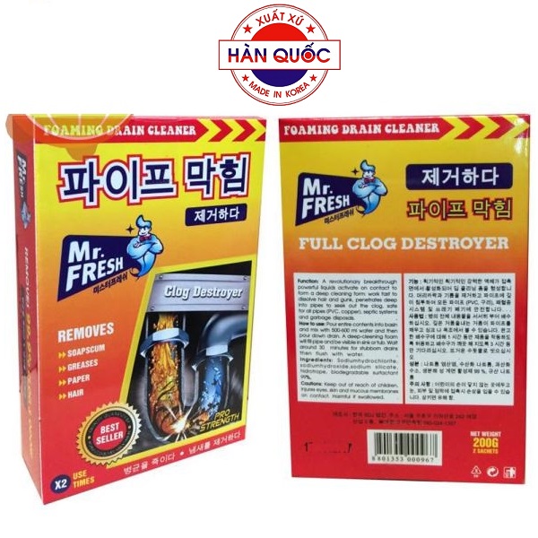 Bộ 2 hộp 4 gói bột thông cống, ống thoát nước cực mạnh mr fresh hàn quốc 100g bh0391