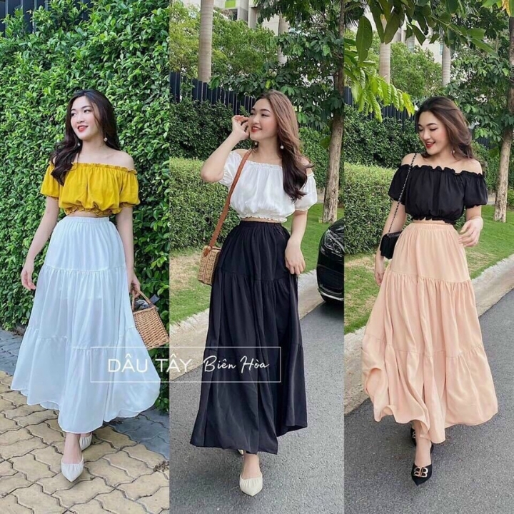 [freeship]set đầm nữ mặc đi chơi du lịch gồm 1 áo kiểu nữ dáng croptop và chân váy dài theo áo chất liệu kate lụa mềm mịn form dáng từ 55kg trở xuống tùy chiều cao - GIRLY STORE