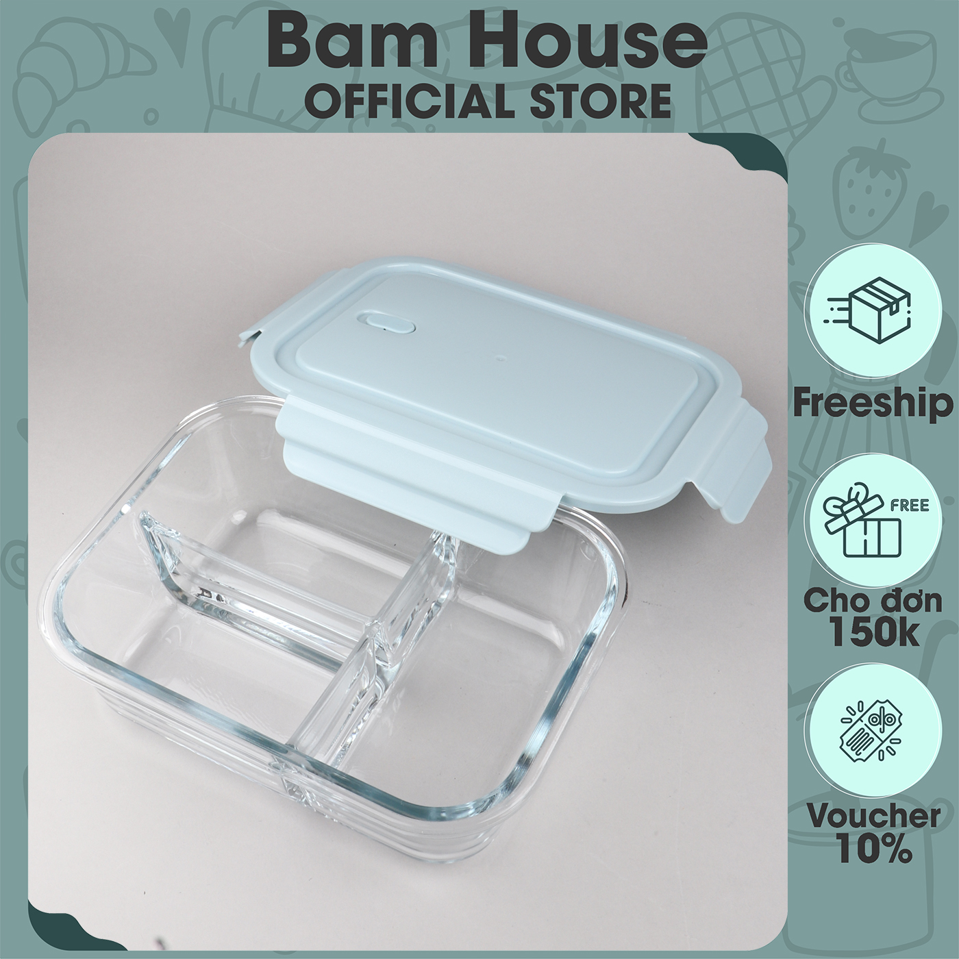 Hộp cơm 3 ngăn thuỷ tinh kích thước lớn Bam House loại dày có nắp đậy kín cao cấp HC3N01 - Hộp đựng cơm, Hộp cơm thuỷ tinh
