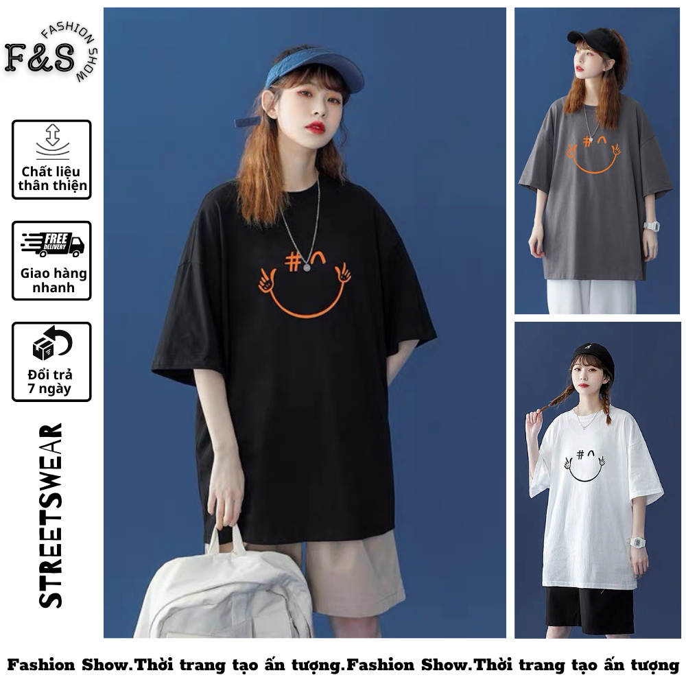 Áo thun tay lỡ unisex MẶT CƯỜI MAY MẮN nam nữ form rộng tay lỡ - Áo phông F&S cho nam nữ, cặp đôi hội nhóm phong cách hàn quốc vải dày dặn, thoáng mát