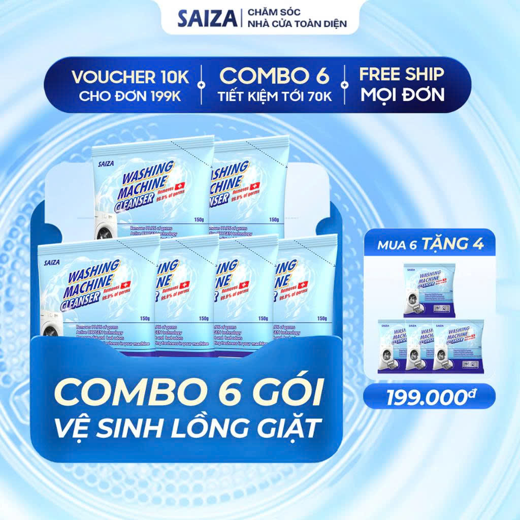 Combo 10 Túi Bột Tẩy Lồng Máy Giặt Saiza 150g Tẩy Cặn Bẩn, Vệ Sinh Máy Giặt Hiệu Quả