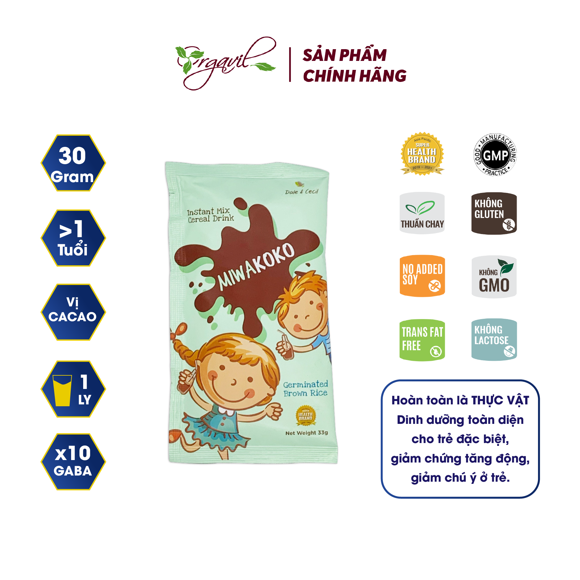 Sữa Miwakoko Gói Dùng Thử 30g, Sữa Thực Vật Hữu Cơ Miwakoko Vị Cacao Gói Nhỏ Giúp Bé Làm Quen Trước Với Sữa - Orgavil Store