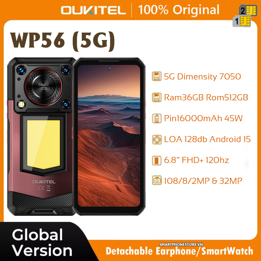 Điện thoại siêu bền Oukitel WP56 5G, Màn hình 6,8 inch, Pin 16.000mAh,  Android 15 (12GB + 512GB có NFC) bảo hành 12 tháng