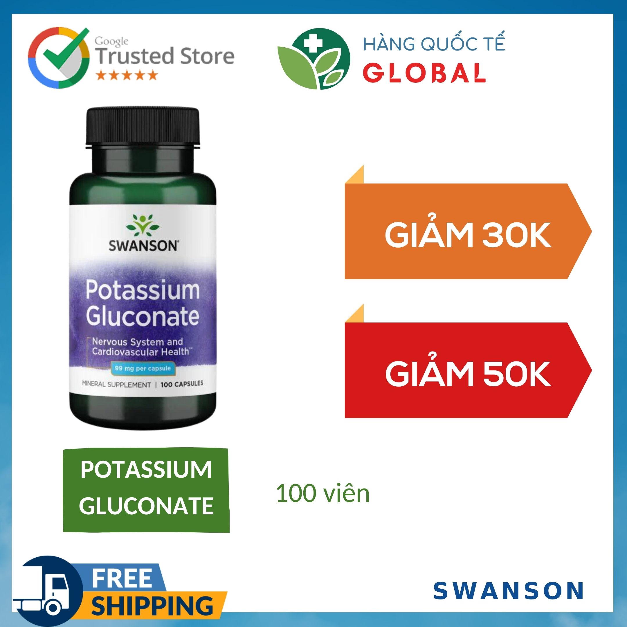 SWANSON POTASSIUM GLUCONATE, 100 viên, Hỗ trợ sức khỏe tim mạch